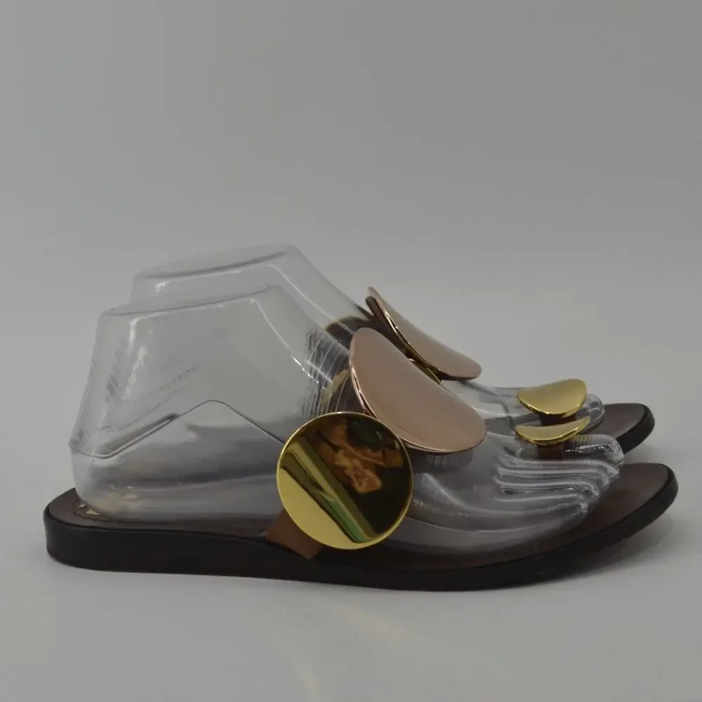 Tory Burch Brown Gold Sandals Circle Plates Size 8 - Picture 6 of 13